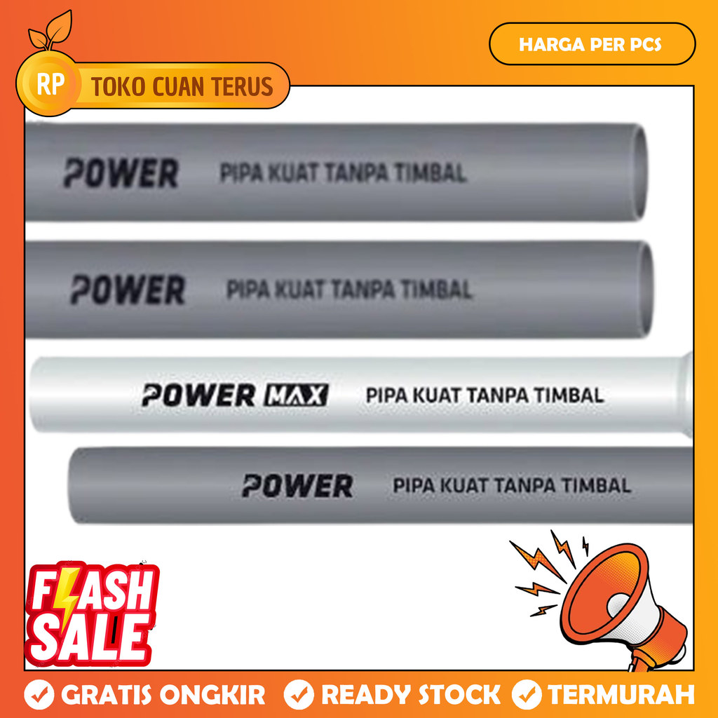 Pipa PVC Power Paralon 1 1/2 Inch Inci Putih Abu Abu Per Meter Tanpa Timbal Non Toxic Tidak Beracun 