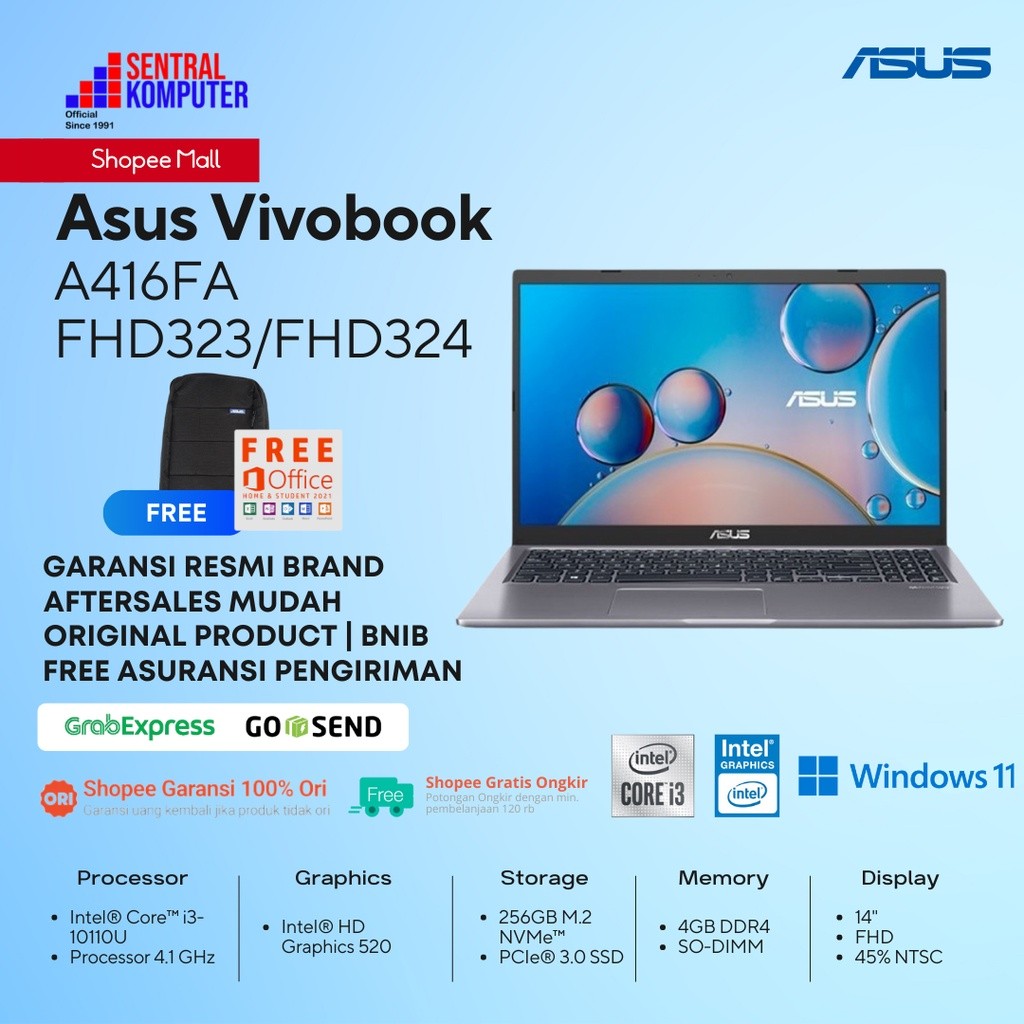 Asus A416FA-FHD323/FHD324 i3-10110U-4GB-256GB SSD-Win 11+OHS