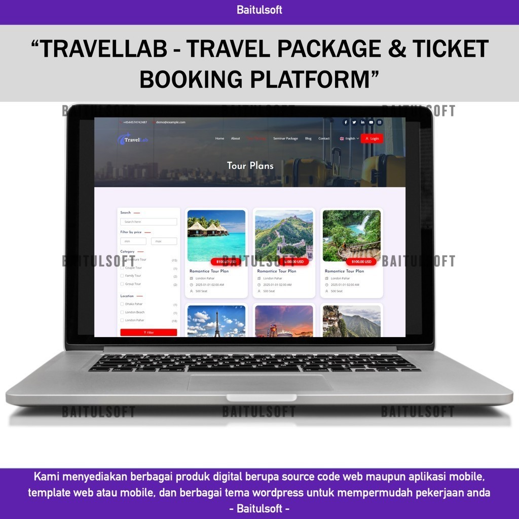 SOURCE CODE APLIKASI WEB TRAVELLAB - TRAVEL PACKAGE & TICKET BOOKING PLATFORM D305 BAITULSOFT