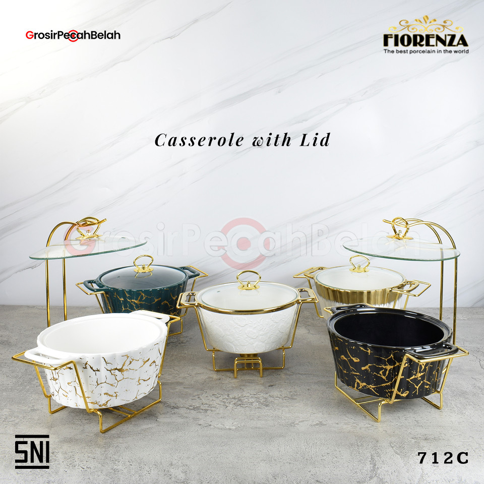 Fiorenza - Prasmanan Keramik Bulat Set Wadah Saji & Panci Penghangat Makanan | Motif Marble Embos Li