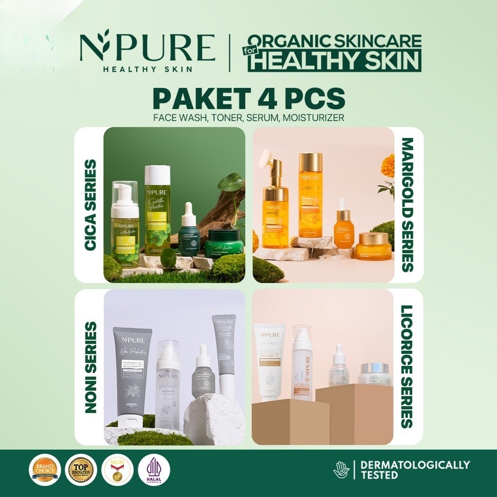 PAKET 4PCS - NPURE Paket Face Wash + Toner + Serum + Moisturizer Cica Acne - Marigold Anti Aging - N