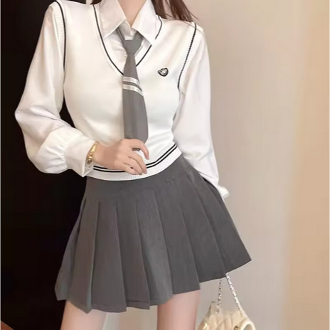 YEN - Dasi Cosplay Garis Korea Seifuku Abu Hitam Motif Lis Garis Dasi Pendek 33cm