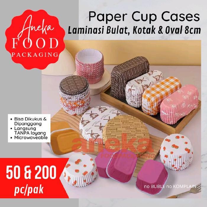 Cup roti laminasi 8cm bulat, kotak & oval/lonjong paper cup cake cases kertas tatakan kue  aneka mot