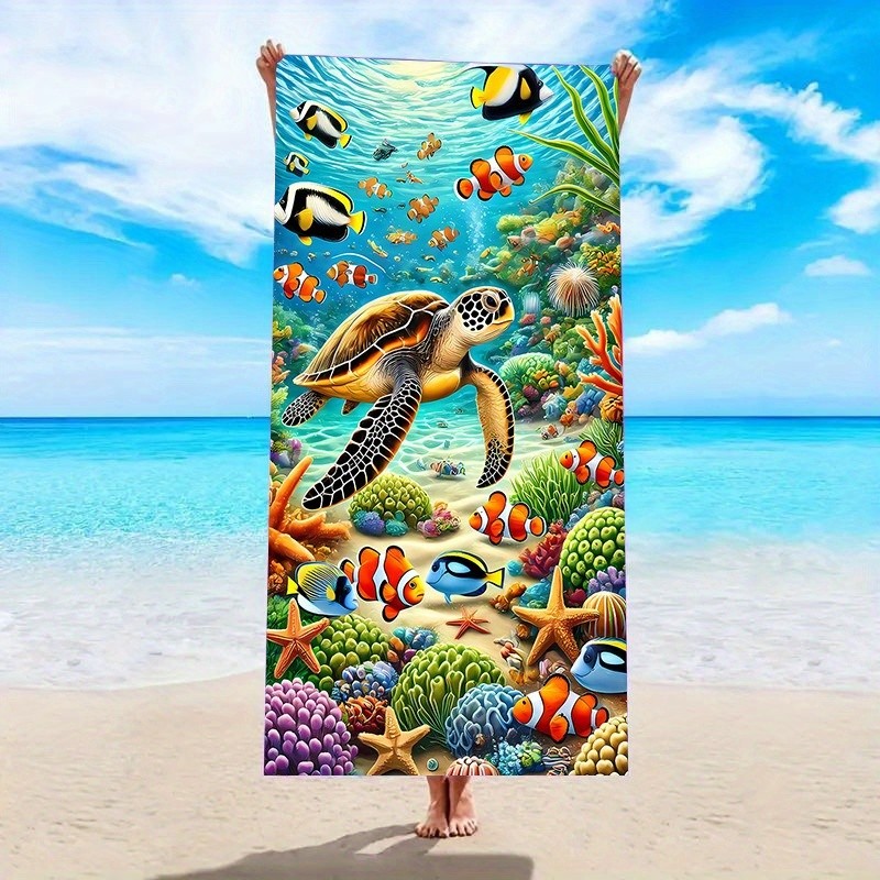 1pc Ultra-Soft Quick-Dry Beach Towel - Oceanic Paradise Turtle  Fish Print, Super Absorbent Microfib