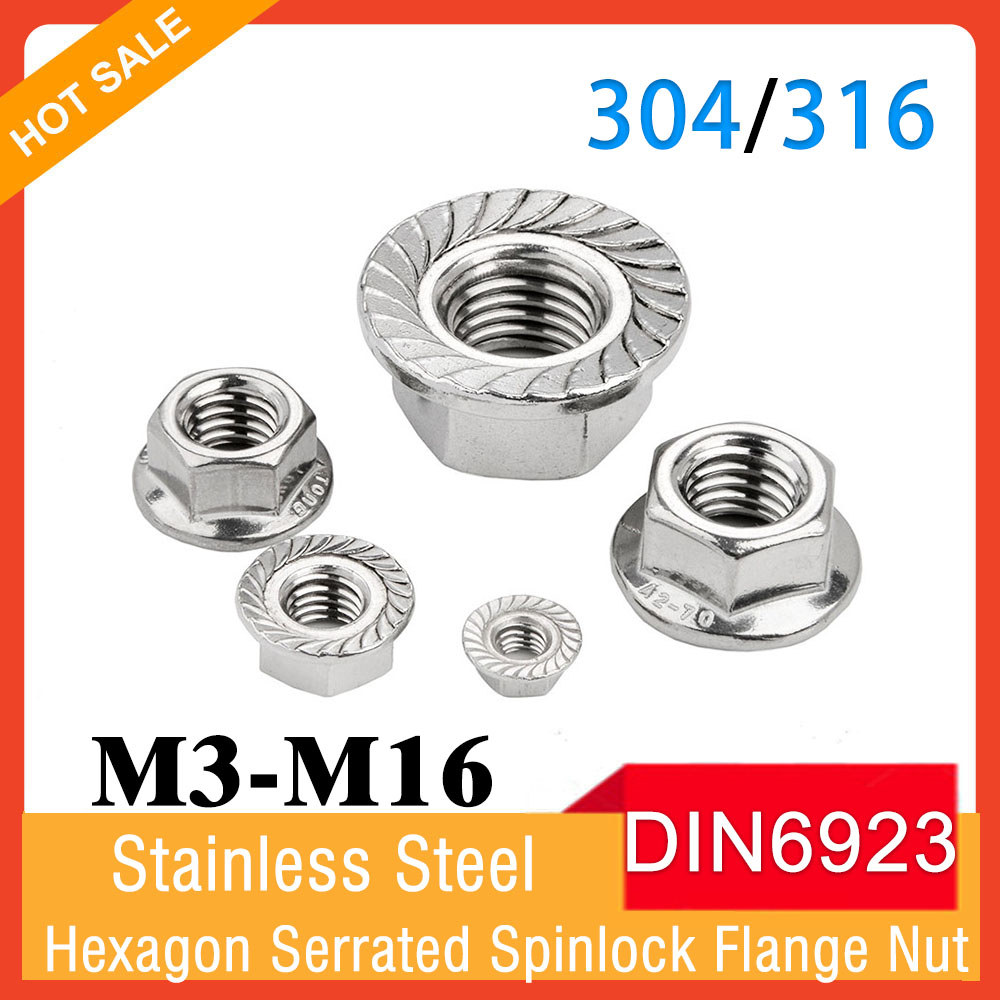 N6923 Flange Nut 304/316 Stainless Steel M3 M4 M5 M6 M8 M10 M12 M14 M16 Hex Hexagon Serrated Spinloc