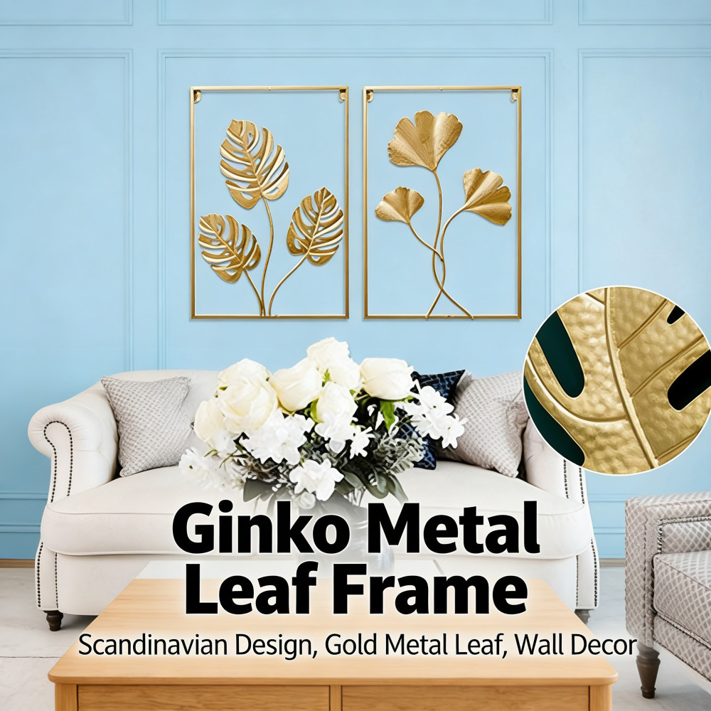 Gold Frame Daun Leaf Ginko Decor Scandinavian WALL Hiasan Dinding
