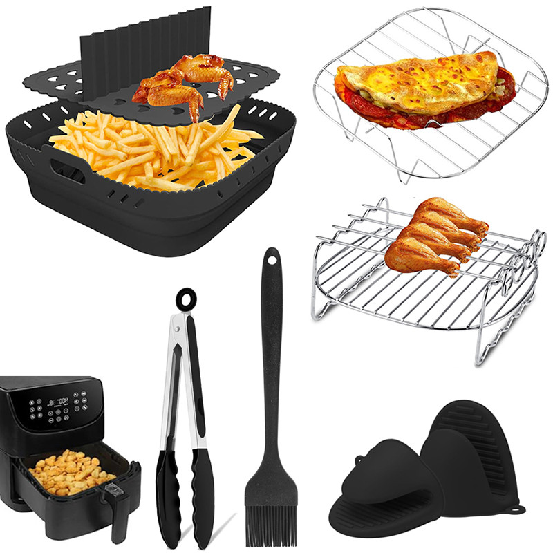 Square Air Fryer Silicone Shape Basket Tray Set Airfryer Grill Rack Accessories Reusable Foldable Bp