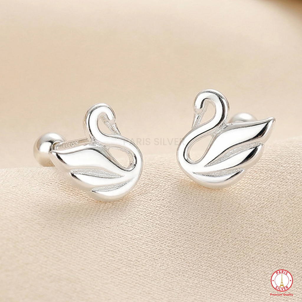 Anting Perak Asli 925 Hati Swan Elegan Silver Lapis Emas Putih Motif Angsa Permata Anti Alergi