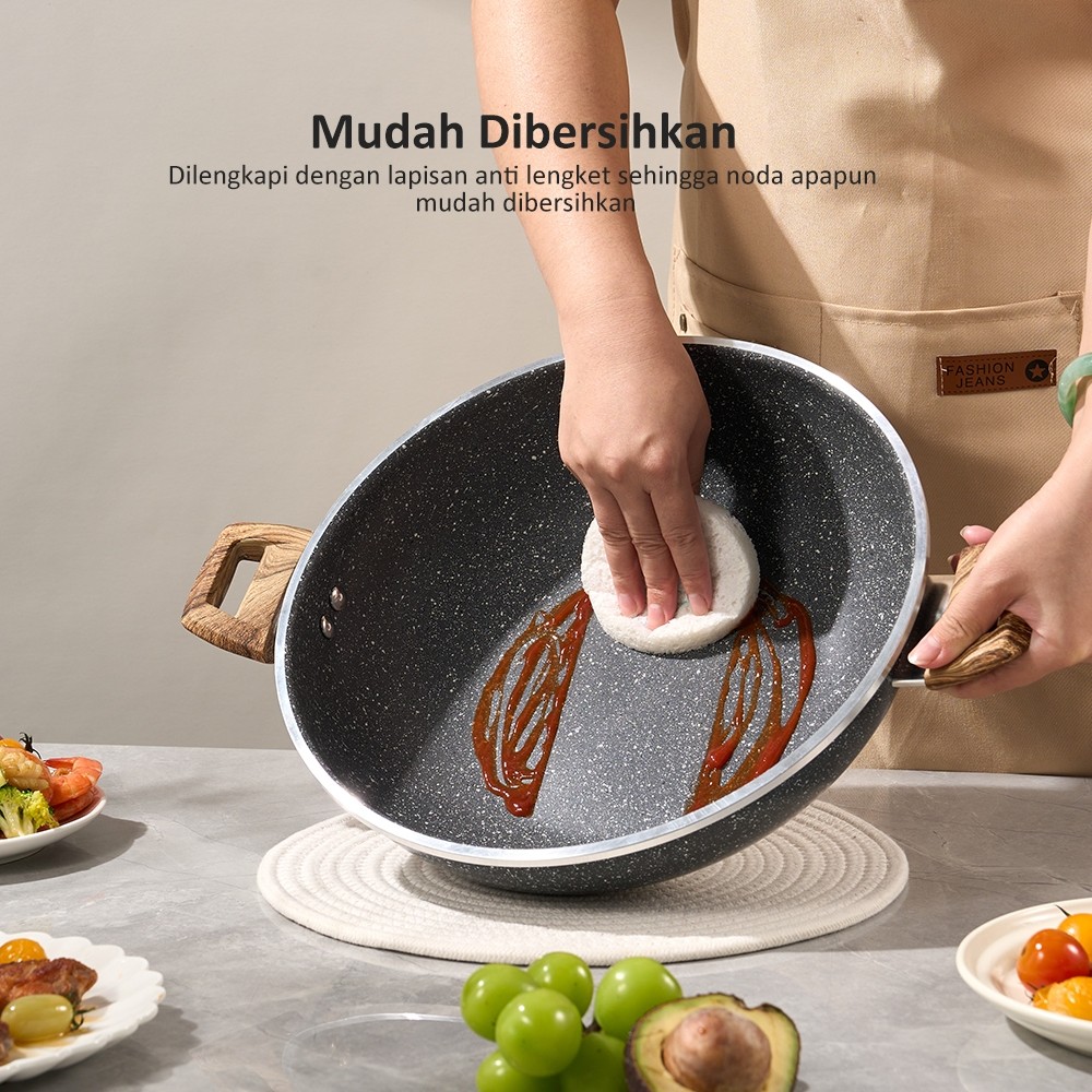 New [Rekomendasi] freemir Wajan Kuali Tutup Kaca Gagang Kayu Granit Hitam Anti Lengket Goreng Pangga