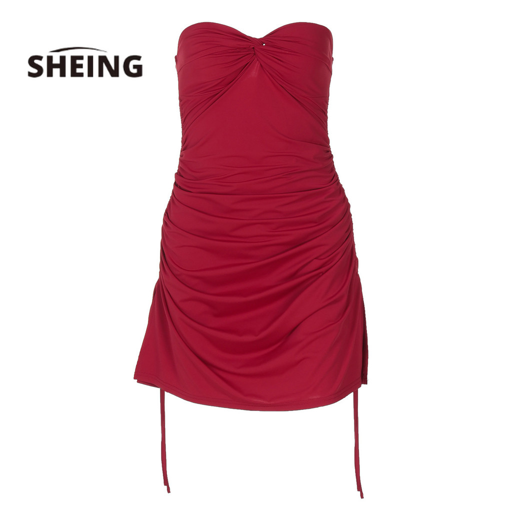 SHEING Dress Wanita Eropa Amerika Serikat  Panas Pakaian Warna Solid Seksi Keriting Dada Membungkus 