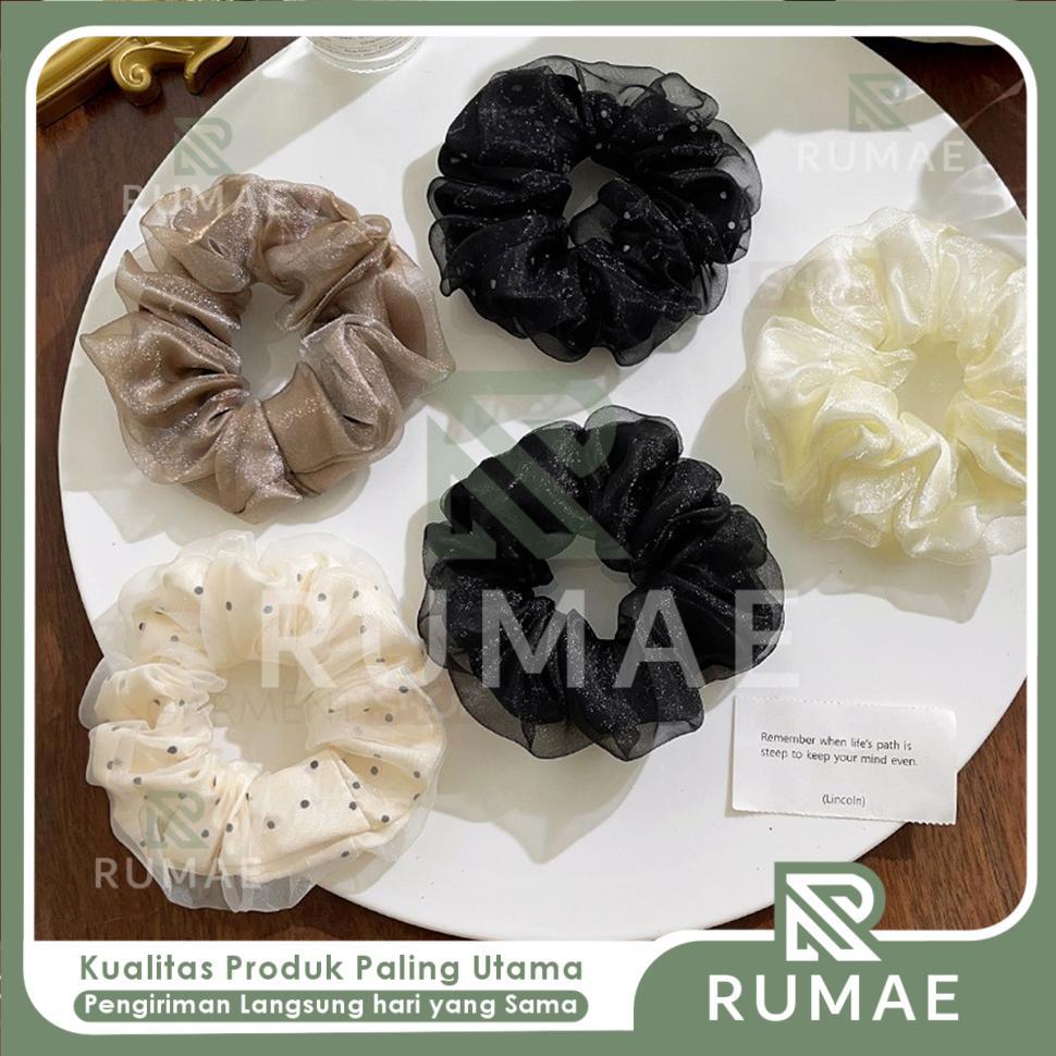 RUMAE Scrunchie Kain Tile Ikat Rambut Wanita Motif Polkadot Vintage Fashion Hair Tie Untuk Organizer