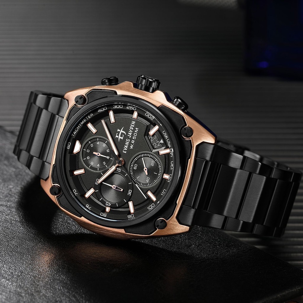 Evans Jayden Jam Tangan Pria 9604 Rantai Kaca Sapphire Chrono 5 ATM