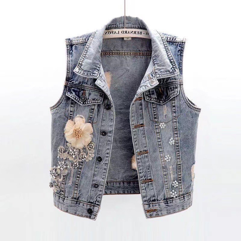 Rompi denim bermotif bunga bertabur berlian untuk wanita, jaket tanpa lengan pendek.