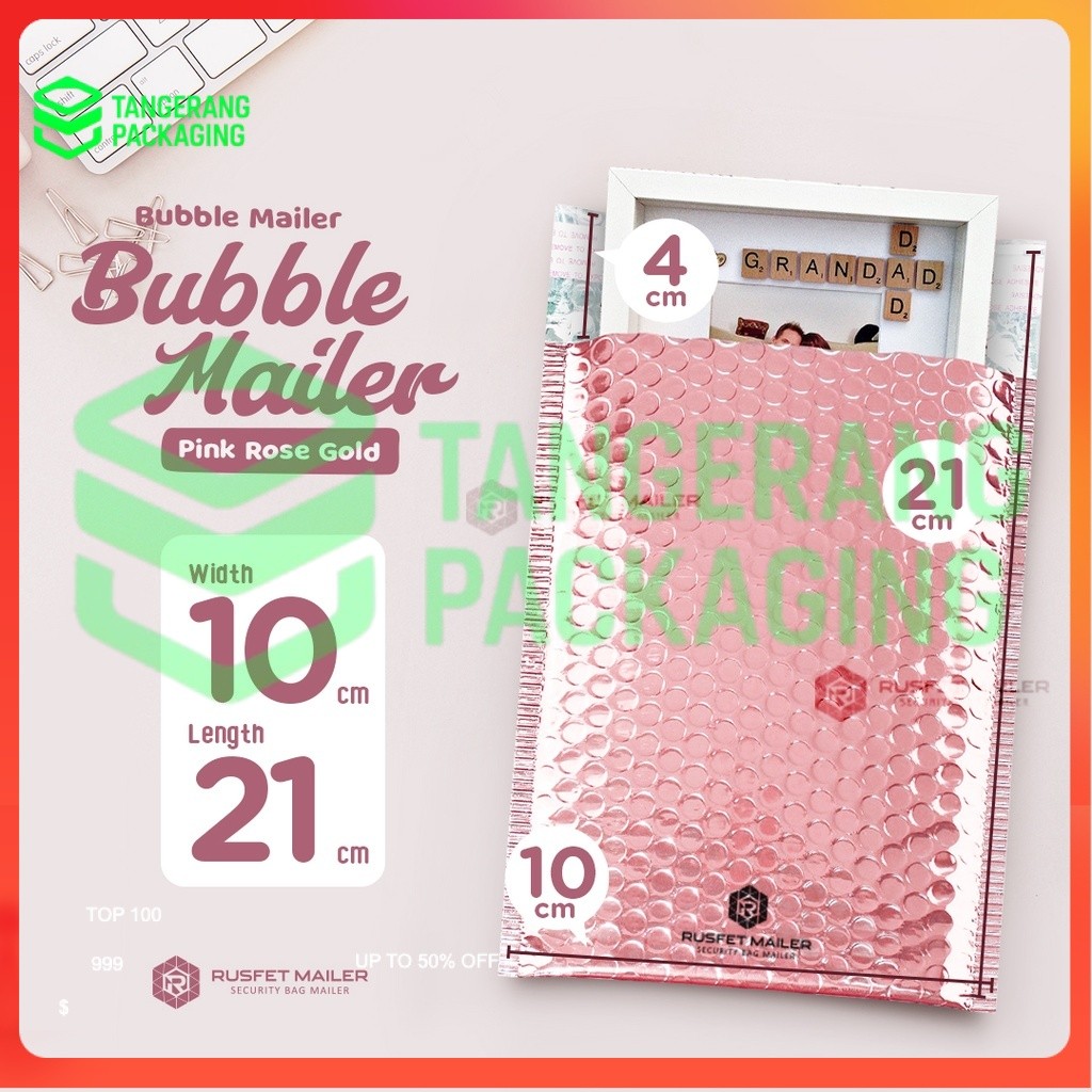 Amplop Bubble Mailer Pink Rose Gold 10x21 - Bubble Mailer Packing Murah Satuan
