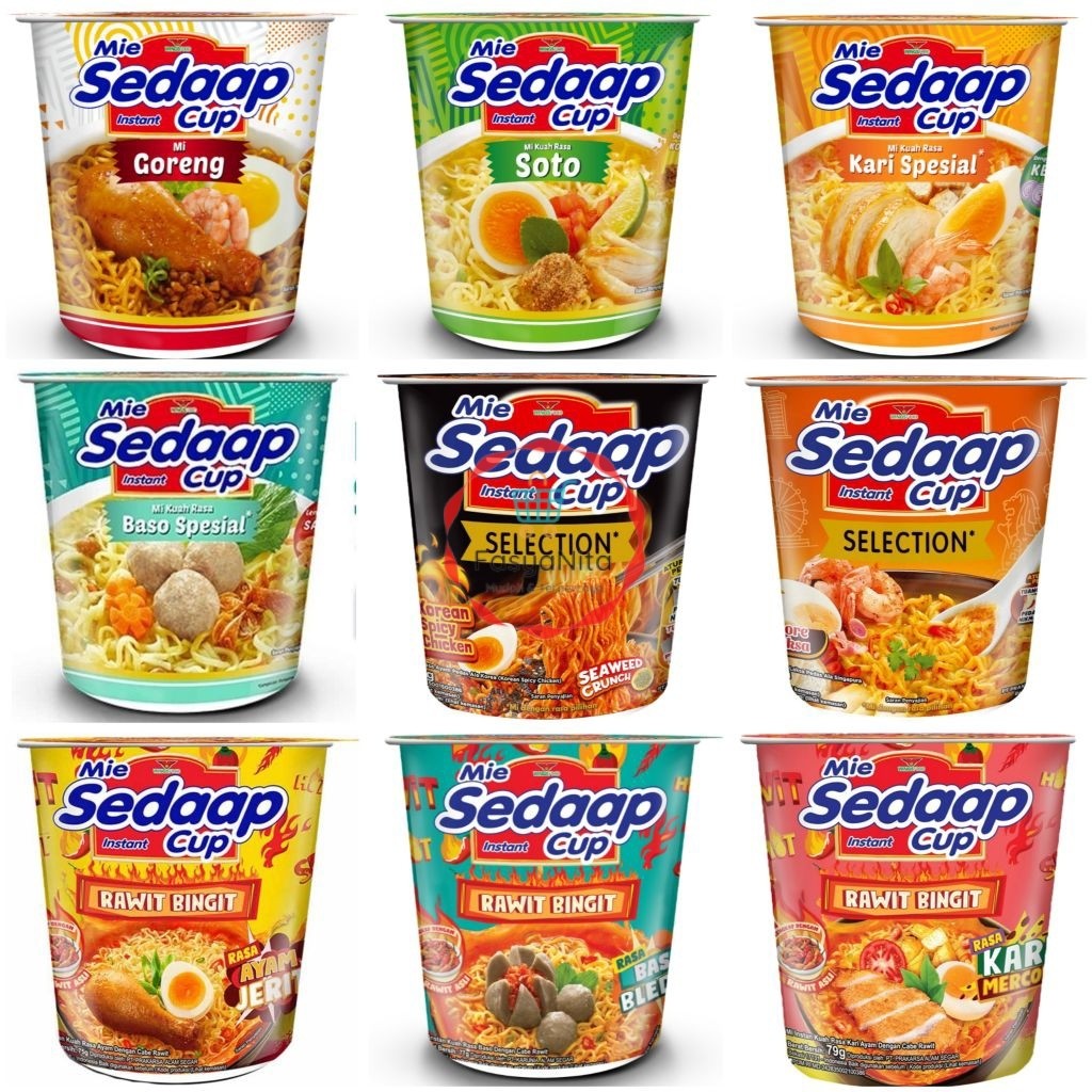 Sedaap Aneka Mie Instant Cup seduh ayam jerit rawit kari soto goreng korean spicy soup baso ayam nam