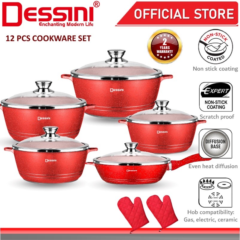 DESSINI ITALY Peralatan Masak Aluminium Granit Anti Lengket Panci Casserole Wajan Goreng Periuk (12 