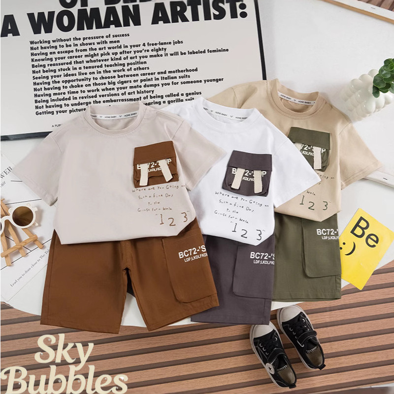 Sky Bubbles  Surat Set Baju Musim Panas Lengan Pendek Anak-Anak Tipis Kasual Gaya Korea Trendi Untuk
