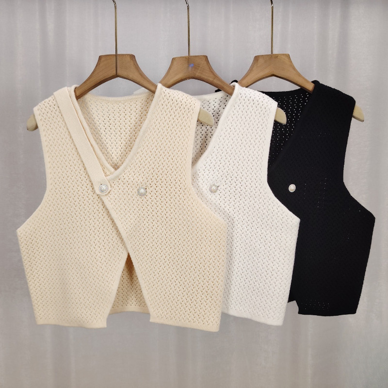 Cute Hot Label Rompi rajut, tank top polos, blus tanpa lengan berlubang, atasan wanita