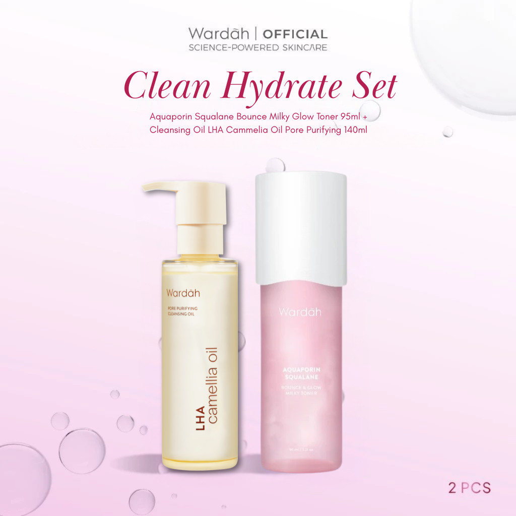 WARDAH Clean Hydrate Set: Aquaporin Squalane Bounce Glow Miky Toner + Cleansing Oil LHA Camellia Oil