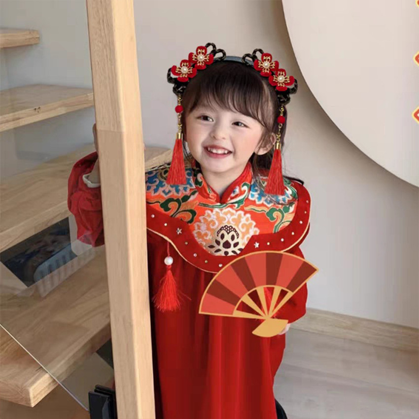 Bando Anak Imlek Chinese New Year Headband Rambut Palsu Cepol Dua Rambut Cheongsam Hanfu Premium