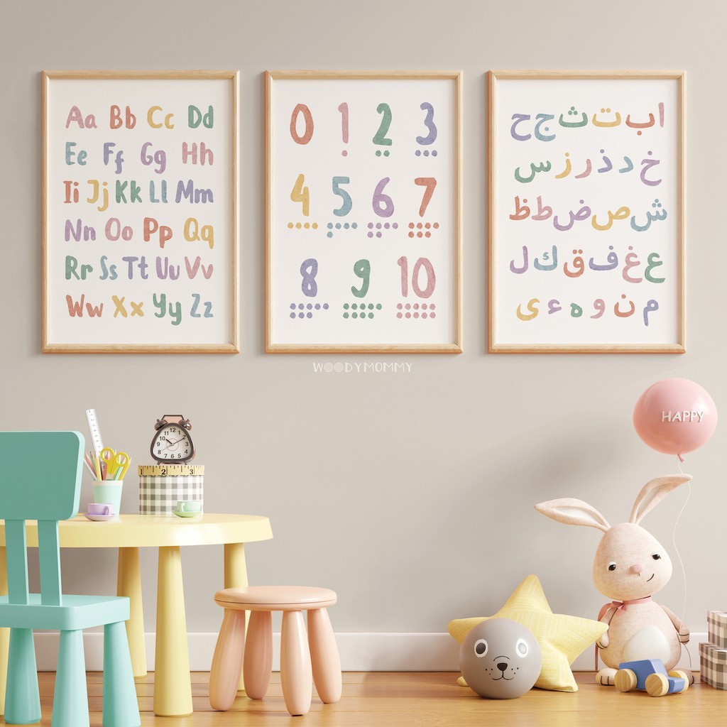 Poster Edukasi Anak Balita - ABC 123 Hijaiyah Preschooler Wall Art - Macaron