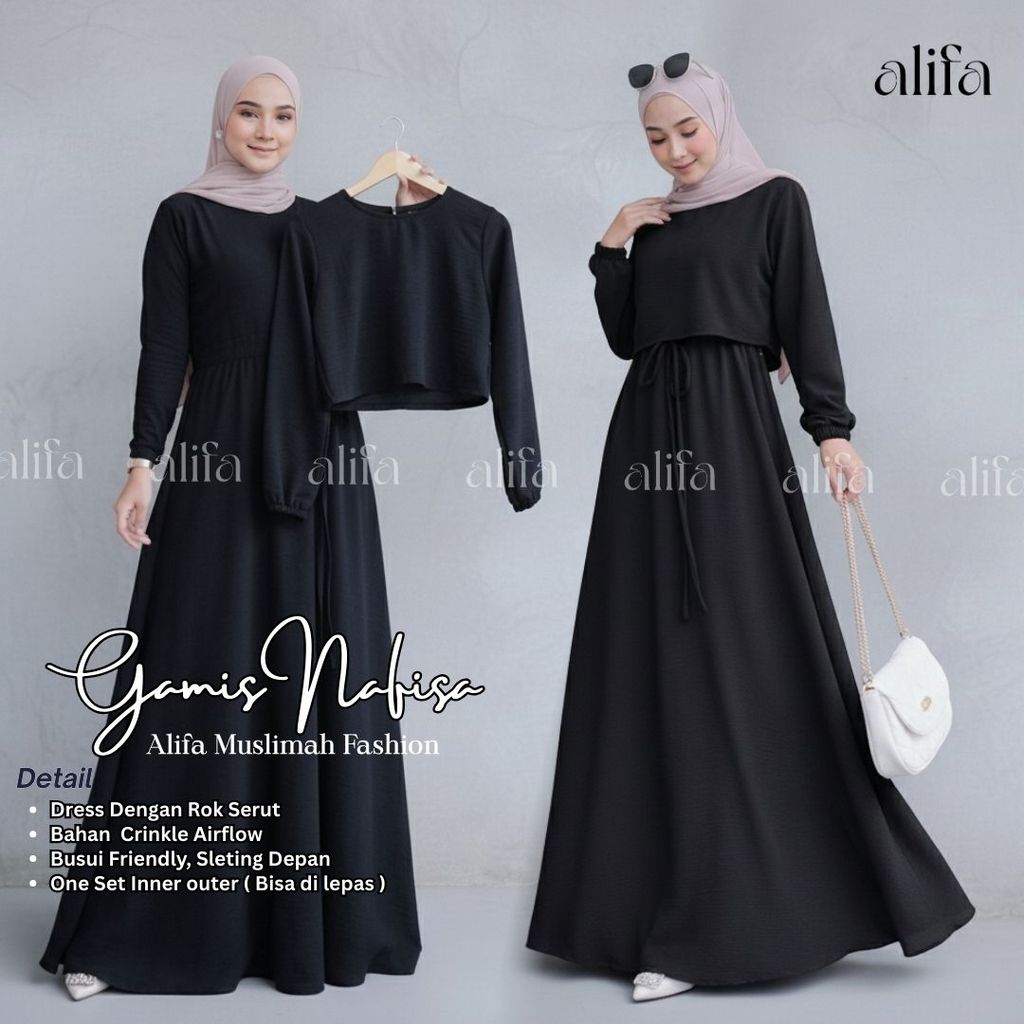 Alifa Muslim - Gamis set inner outer Abaya Hitam Polos Dress Bahan Crinkle Busui Friendly -Nafisa