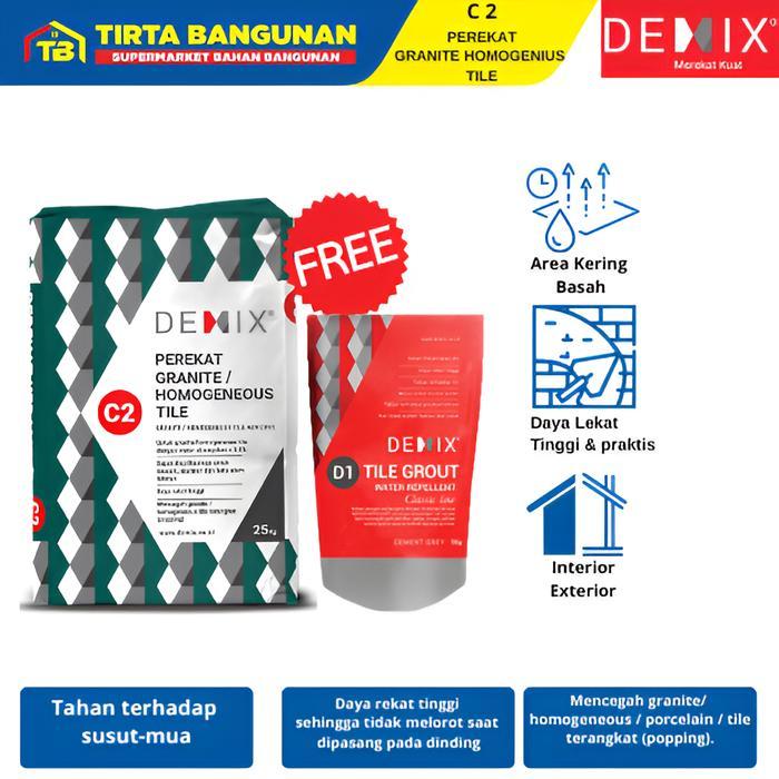 (Deli Tools Store) PROMO DEMIX C2 PEREKAT LEM GRANITE TILE HOMOGENIUS MARMER  25KG FREE DEMIX D1 1 K