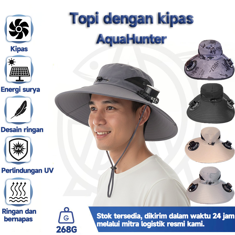 (leafnest) Topi Pancing Outdoor Topi Matahari Pria Anti UV Visor Topi Surya Kipas Ganda Topi Masker 