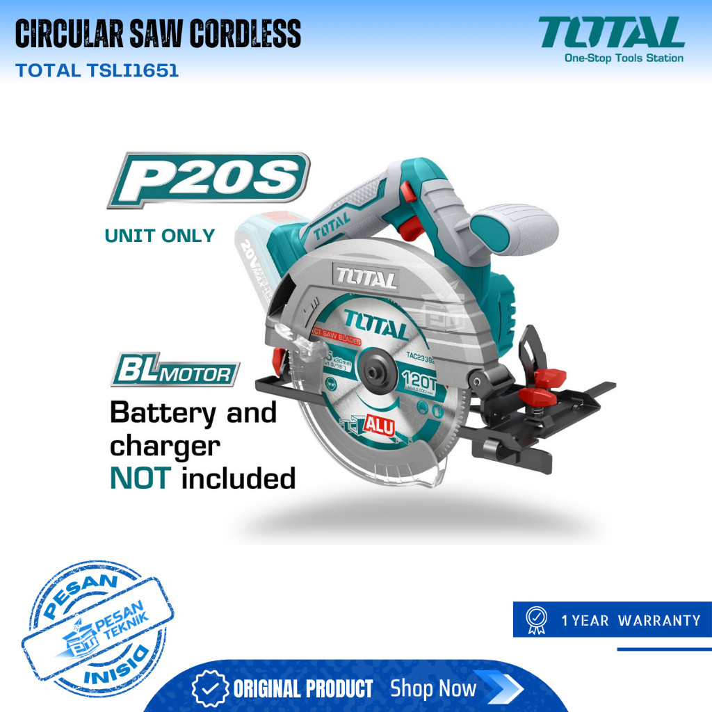 cordless circular saw mesin gergaji kayu baterai 165mm TOTAL TSLI1651