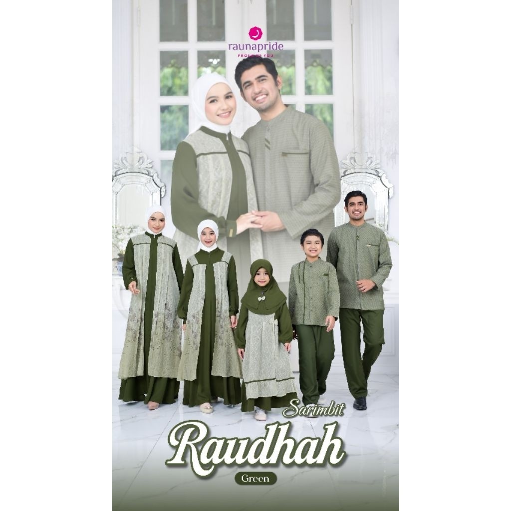 Raunapride Sarimbit Trend Lebaran 2026 Raudhah Green | Gamis Rauna Layer Kekiniam Raudhah Green | Ga