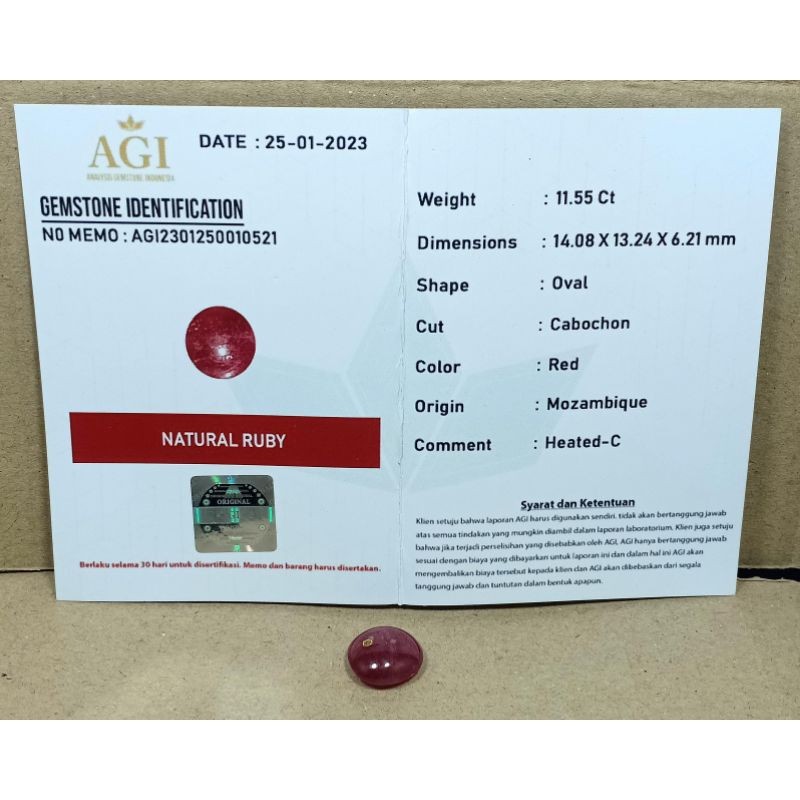 LIMITED BATU RUBY 'PIGEON' ASLI NATURAL BERSERTIFIKAT