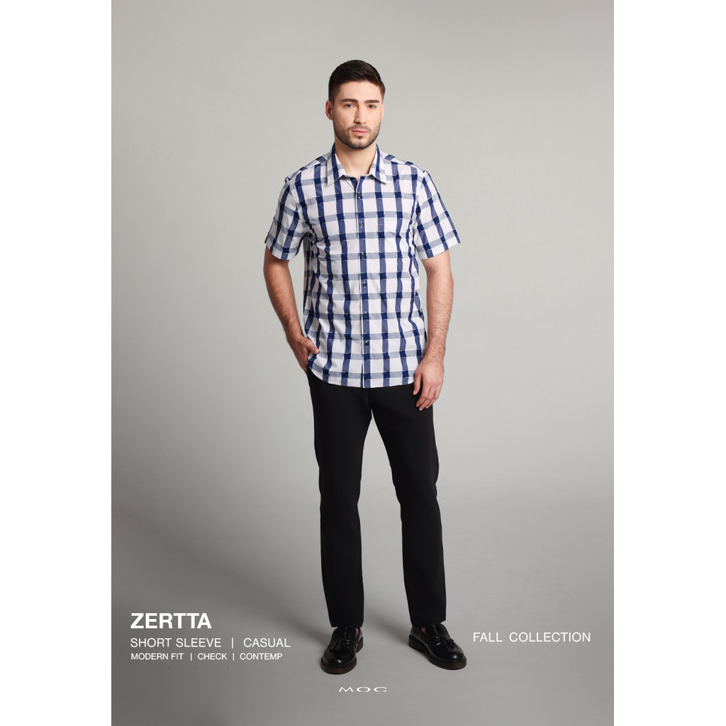 MOC - Kemeja Kotak-kotak Lengan Pendek Pria Zertta - Navy