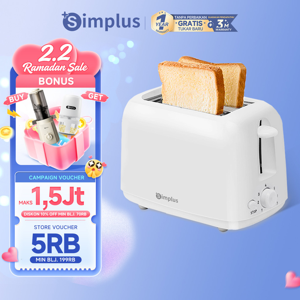 Simplus Toaster Pemanggang Roti Elektrik Otomatis Sandwich Low Watt 7 Tingkat Suhu 2 Slot
