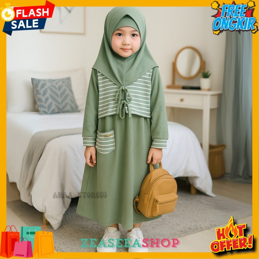 ZSS Gamis Lebaran Anak Perempuan model Rompi Kekinian Dress anak Usia 1-12 Tahun Pakaian muslim anak