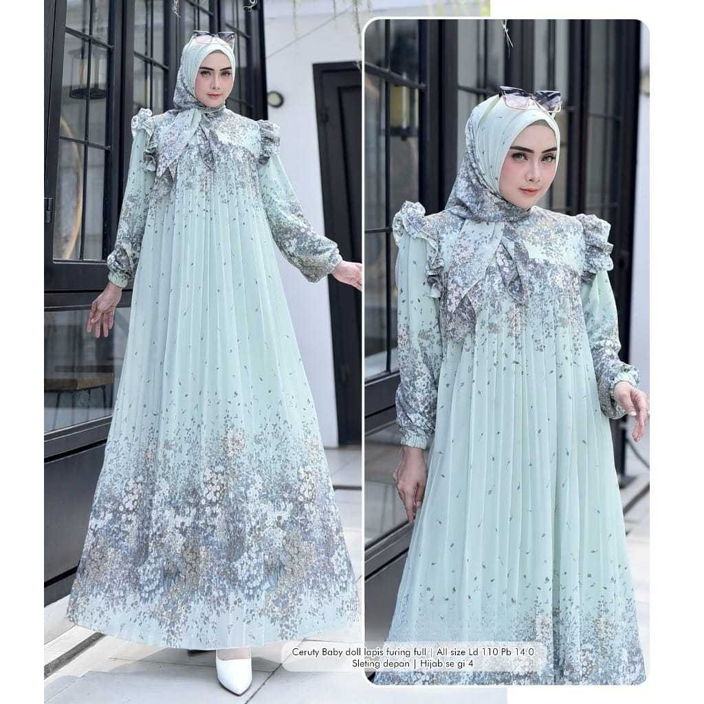 Azura 3 set hijab segi4 Gamis dress plisket  gamis wanita kekinian terbaru