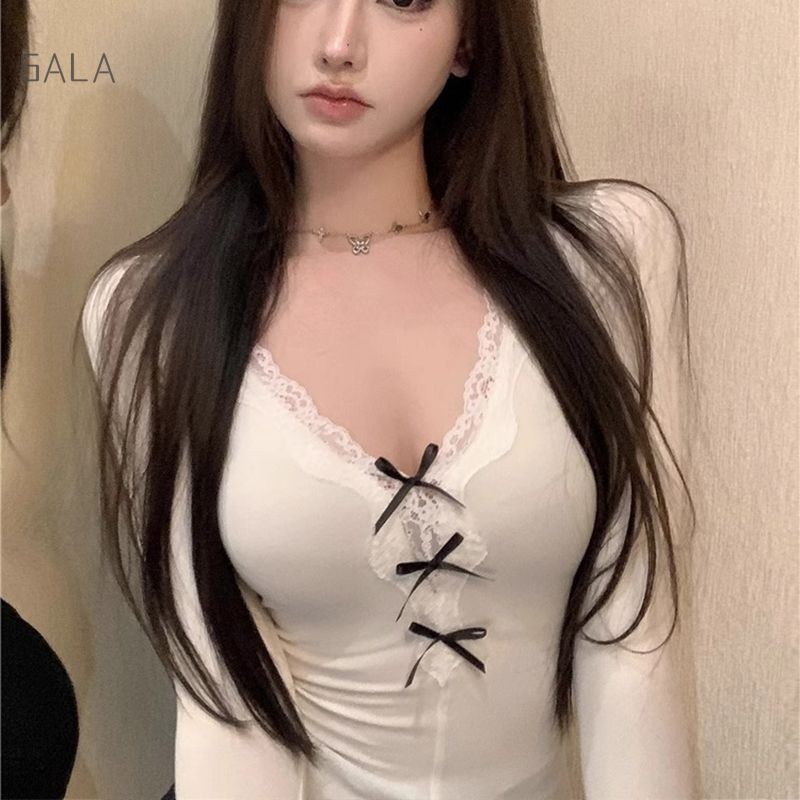 SERESHOP Sexy Lace Crop Top Baju Wanita Korea V-Neck Crop Top Lengan Panjang GA