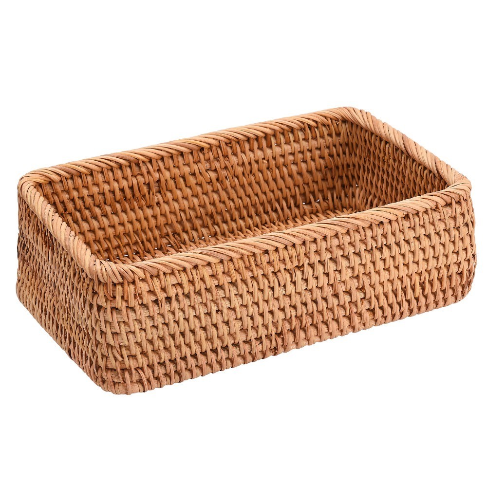 Spacesaving Rattan Wicker Storage Basket Handwoven Square Desktop Storage Bin Snack Storage Basket S