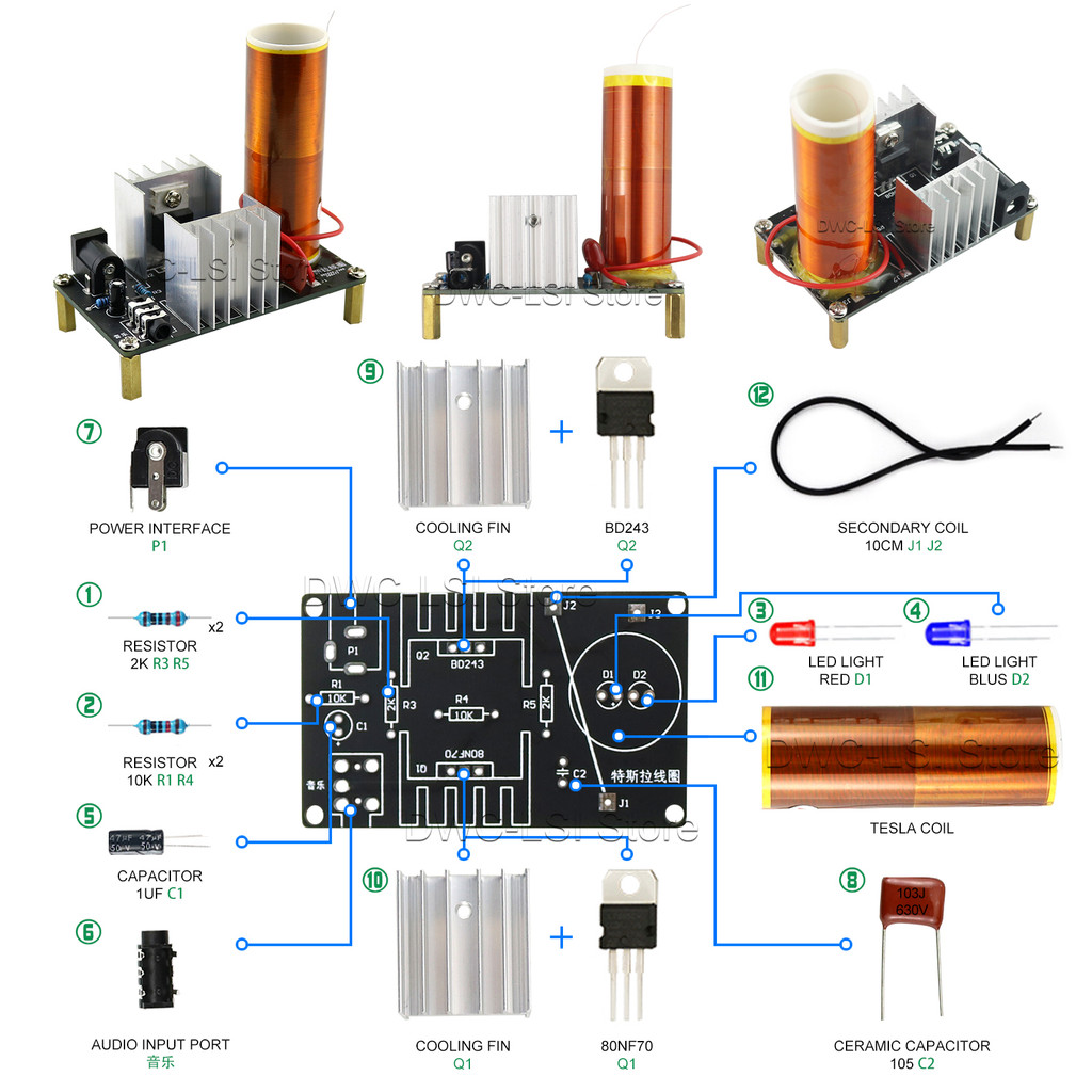 1 Set Mini Tesla Coil Kit 15W Mini Music Tesla Coil Plasma Speaker Tesla Wireless Transmission DC 15