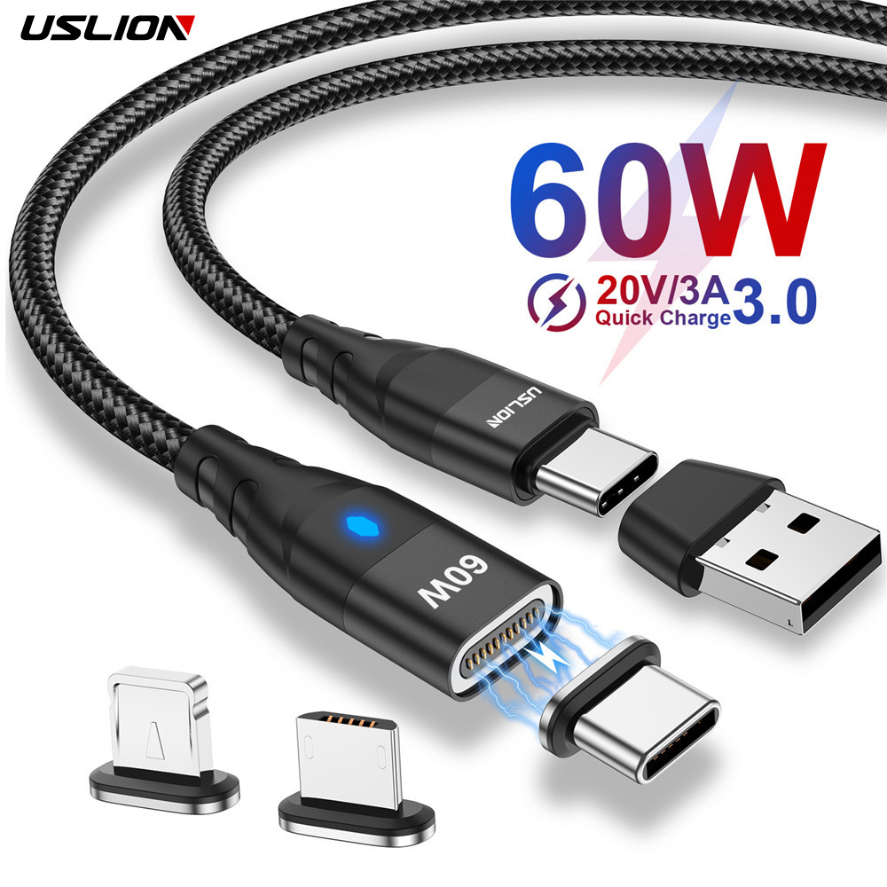 USLION 60W USB C to USB C Magnetic Cable Super Fast arging Wire QC 3.0 Type C to Micro USB Cord With