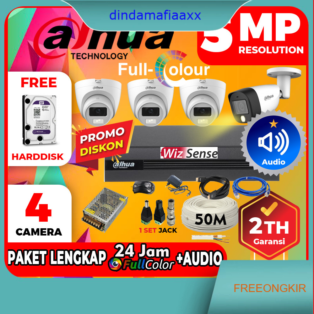 Paket Lengkap 4 Camera cctv 5MP ColorVu Audio DAHUA Full Color 24Jam Selalu Berwarna Harga Promo cct