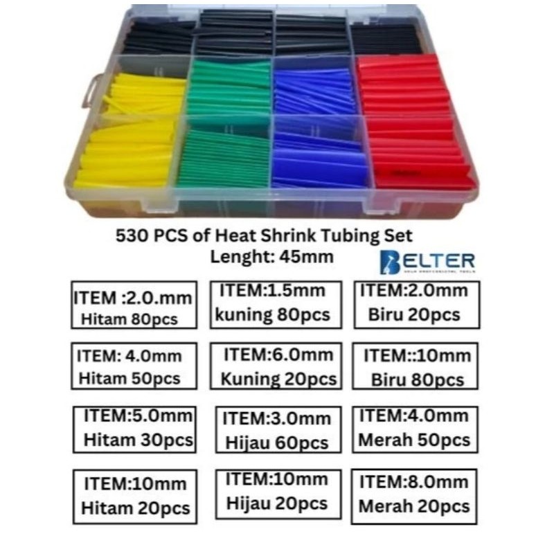 530 pcs Selang Bakar Kabel Bakar Isolasi Bakar Heat Shrink Warna warni