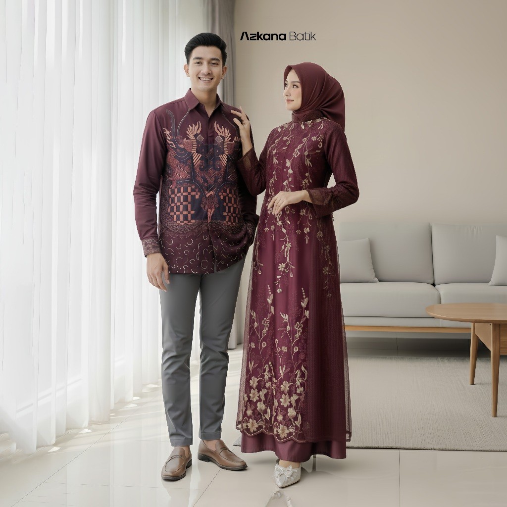 Baju Couple Gamis Brukat Kemeja Batik Pria Lengan Panjang Slimfit Katun Halus Premium Couple Kondang