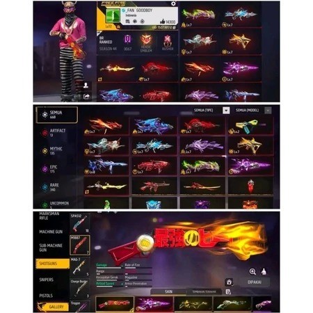 ready akun ff murah         50k ke atas          dijamin bagus full skin    untuk login nya jangan l