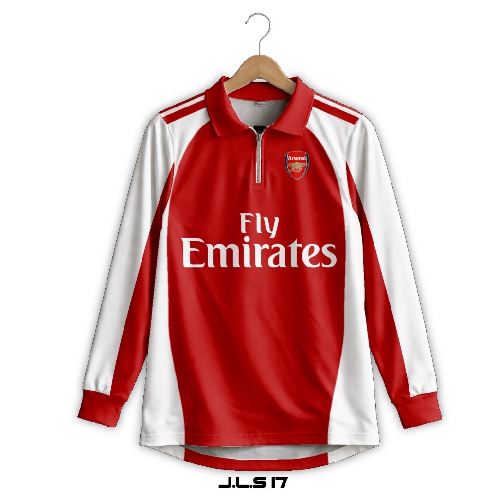 ERFO - JLS17 - Jersey Arsenal Retro Lengan Panjang Merah Putih Fly Emirates | Baju Bola Classic Fans