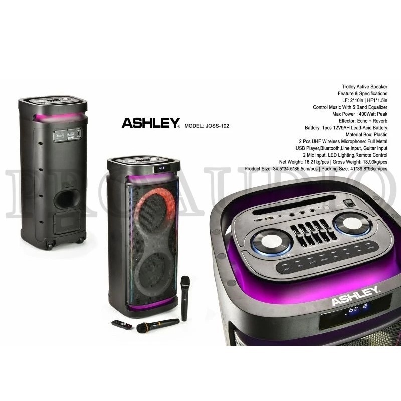 SPEAKER PORTABLE PARTYBOX ASHLEY JOSS 102 / JOSS102 / JOSS-102 SPIKER AKTIF 2 X 10 INCH DOUBLE RECHA