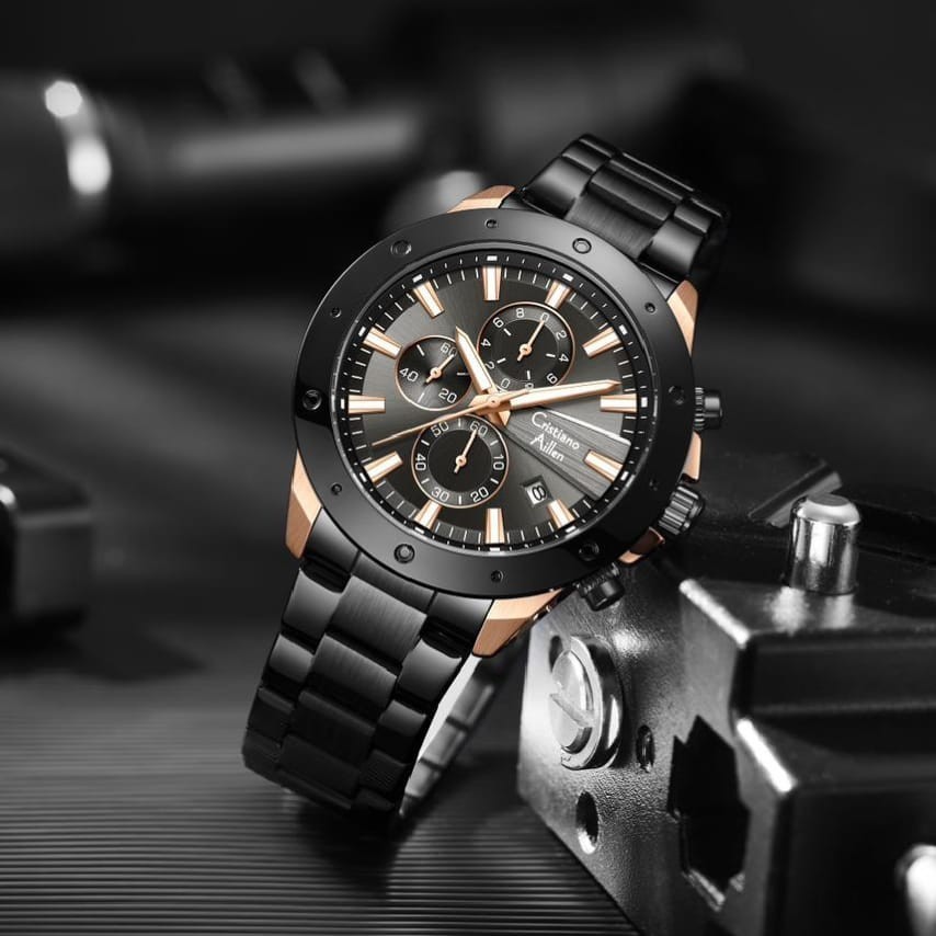 Buy 1 Get 1  Cristiano Aillen Jam Tangan Pria Analog 8897 Rantai Stainless Steel Chronograph Kaca Sa