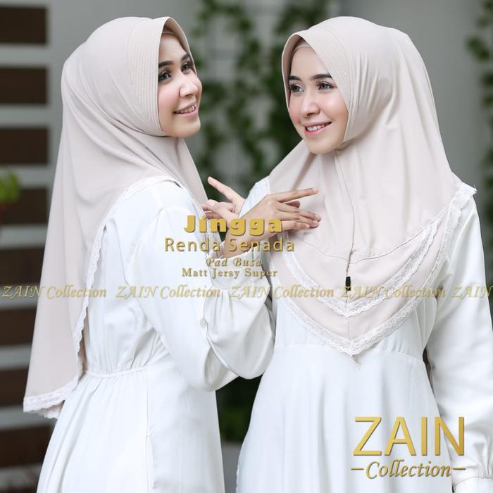 Jilbab Instan Variasi Renda Bergo Jingga Pet Busa  Zain Collection - Cream