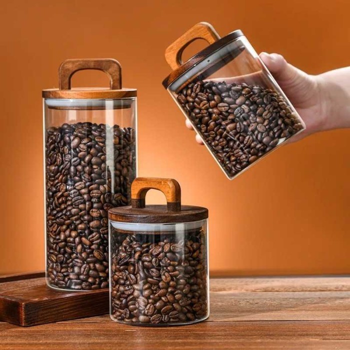 Toples Kaca Borosilikat Tutup Kayu Estetik Kedap Udara Storage Jar Wadah Penyimpanan Snack Kue Kerin