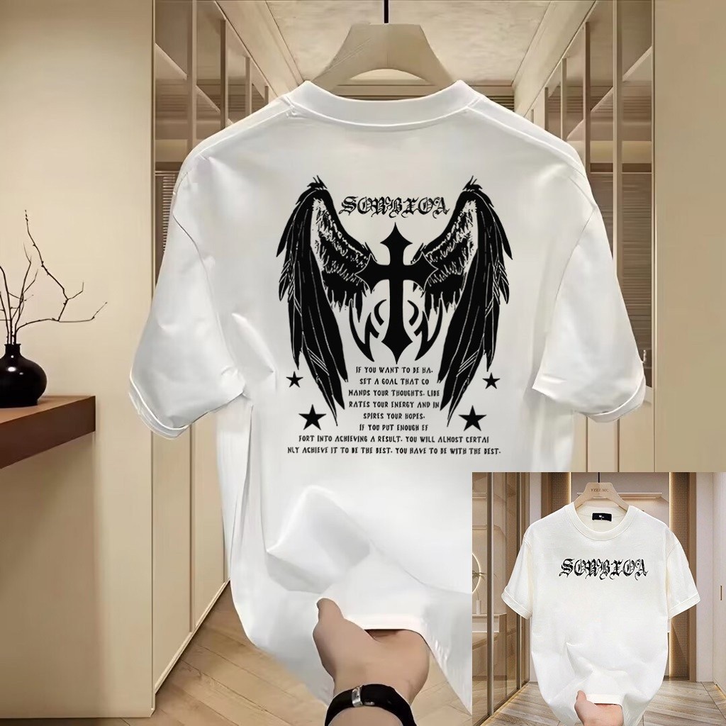 (COD)baju kaos katun priaUkuran lengan pendek kerah bulatMerpati salib tren huruf pola cetakkaos cou