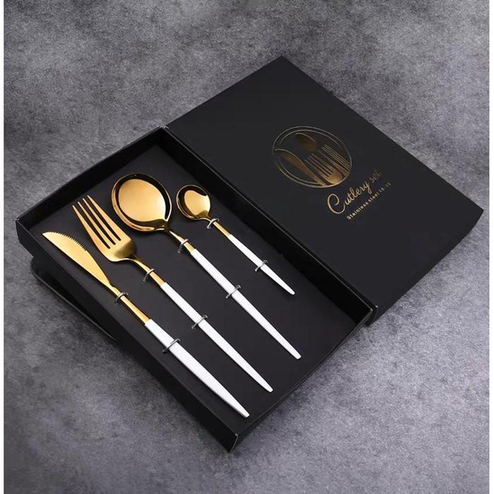 Nordic Cutlery Set Gold - 4 pieces Gold Cutlery Set with Gift Box - White Gold